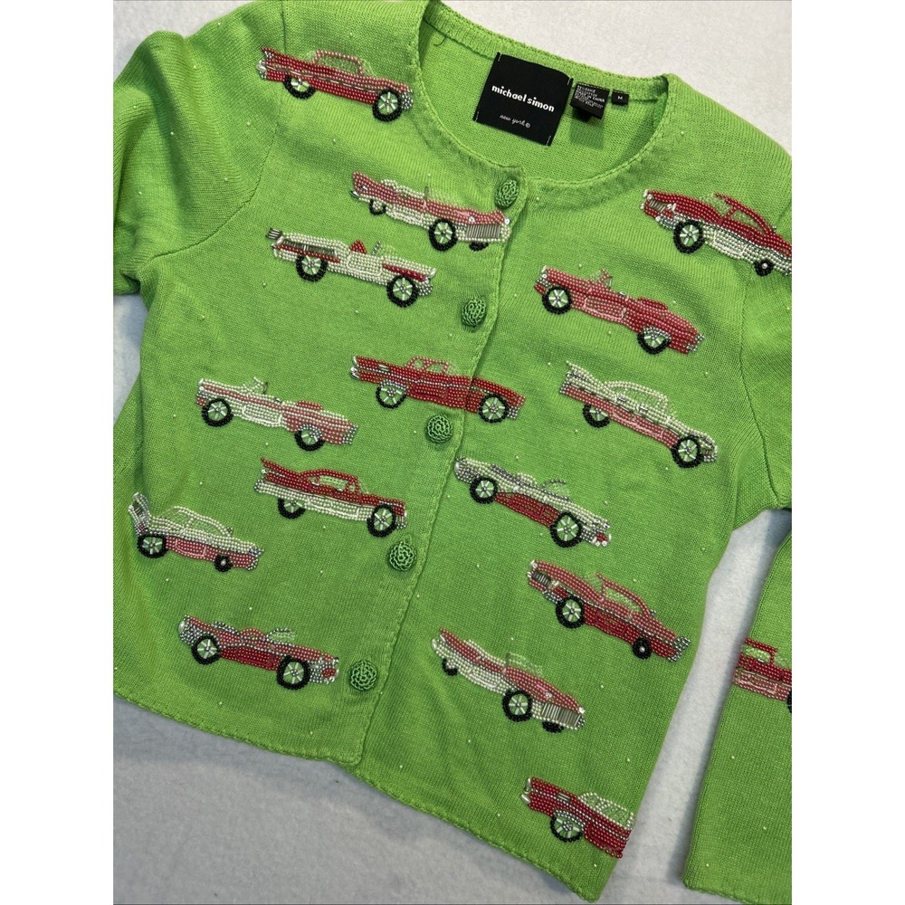 Michael Simon M Cardigan Sweater Beaded Art to Wear Cadillac Convertible Car AOP